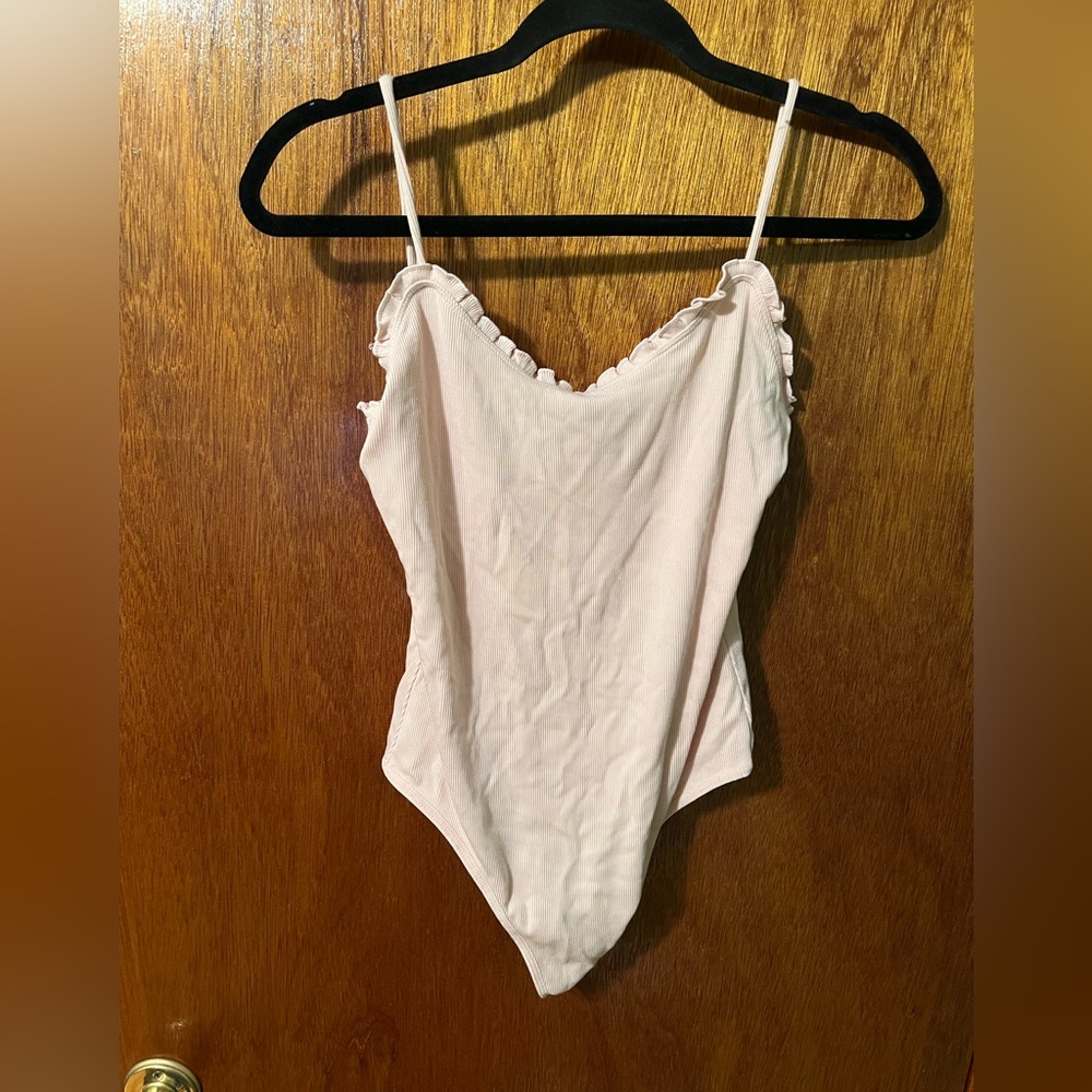 Aritzia- Wilfred light pink ruffle body suit